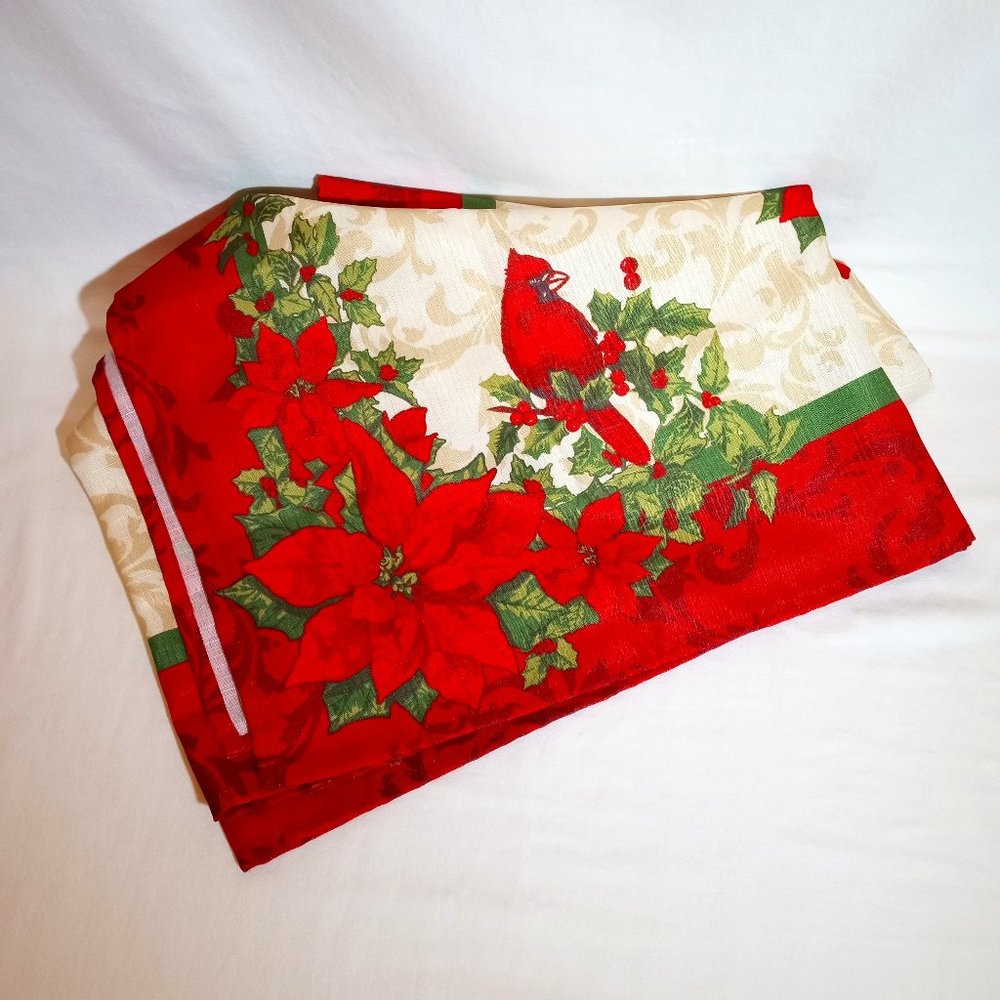 Poinsettia and Cardinals Christmas Fabric Tablecloth